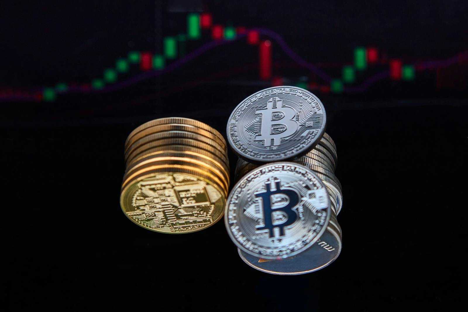 Closeup of Bitcoin coins with a market chart in the background showing financial trends.