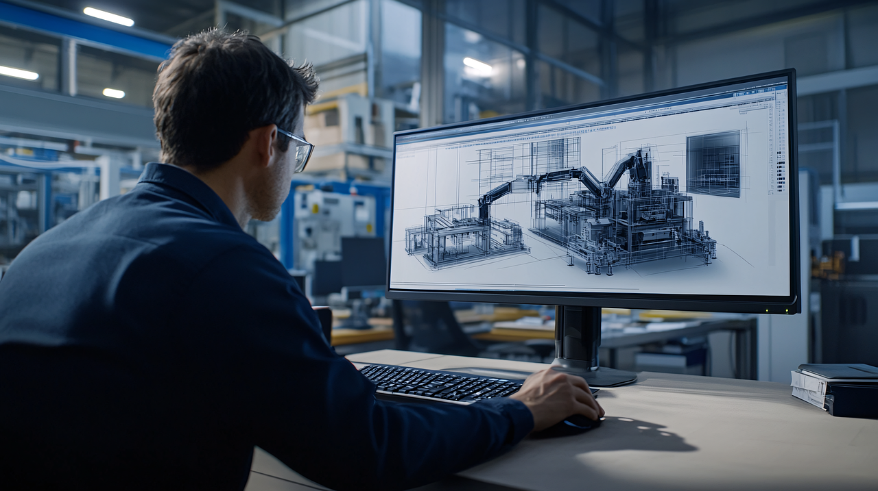 ai generated, engineer, 3d, assembly, automation, manufacturing, design, technology, software, workspace, industrial, innovation, factory, production, efficiency, computer, screen, process, planning, machinery, advanced, tools, robotics