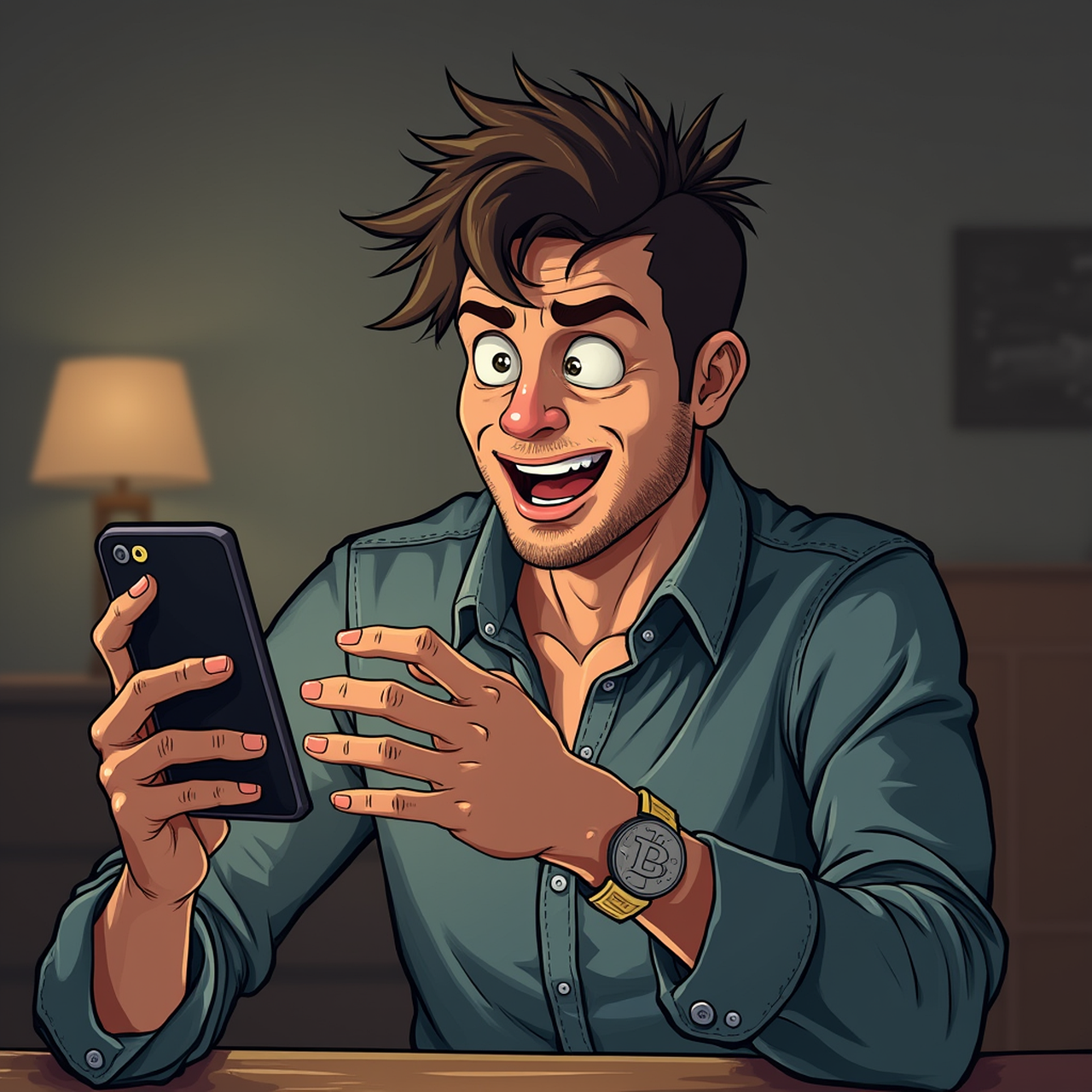 man, comic, cartoon, mobile, bitcoin, fear, depression, emotion, shares, investment, trade, financial, ai generated